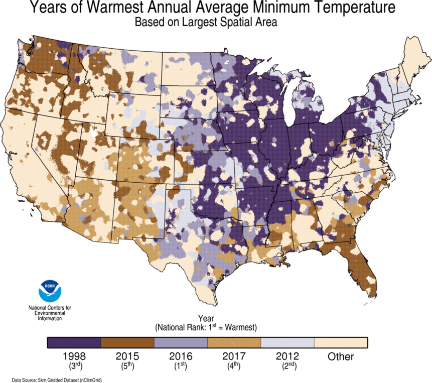 map depicting local warmest TMIN Year on record