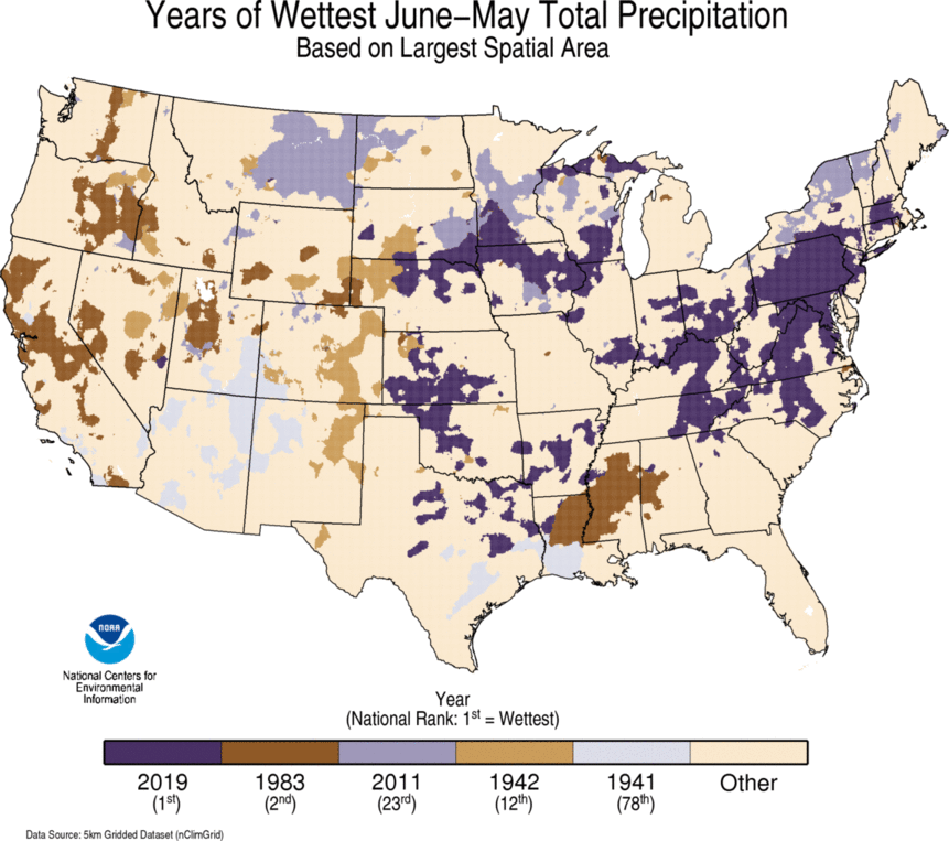 map depicting local wettest june-may precip on record
