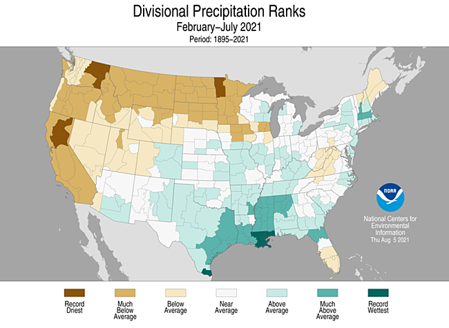 February - July 2021 Divisional Precipitation Ranks