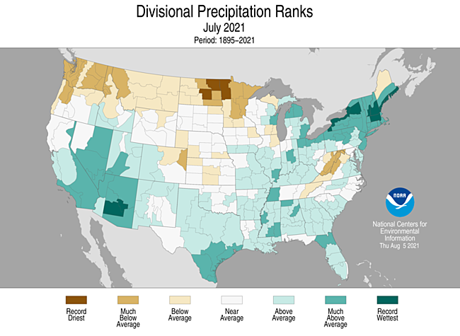 July 2021 Divisional Precipitation Ranks