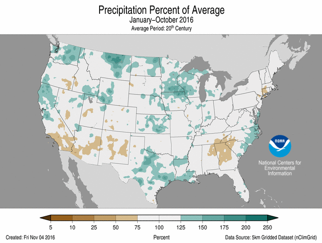 October 2016 Percent of Normal Precipitation