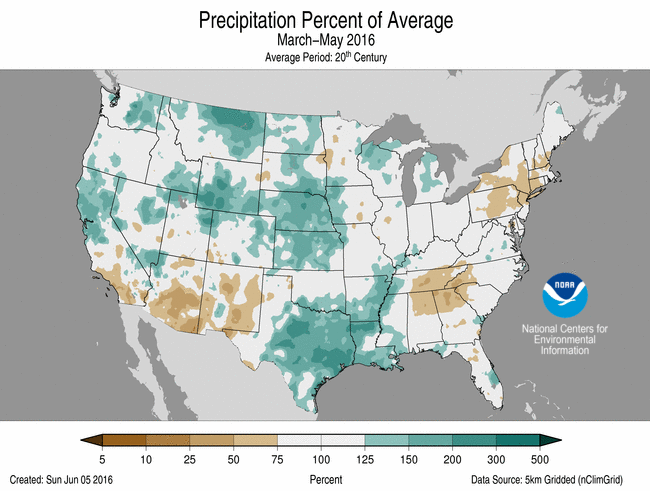 Spring 2016 Percent of Normal Precipitation