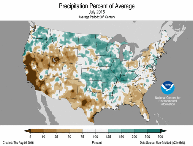 July 2016 Percent of Normal Precipitation