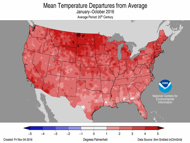 October 2016 Temperature Departure from Average Map
