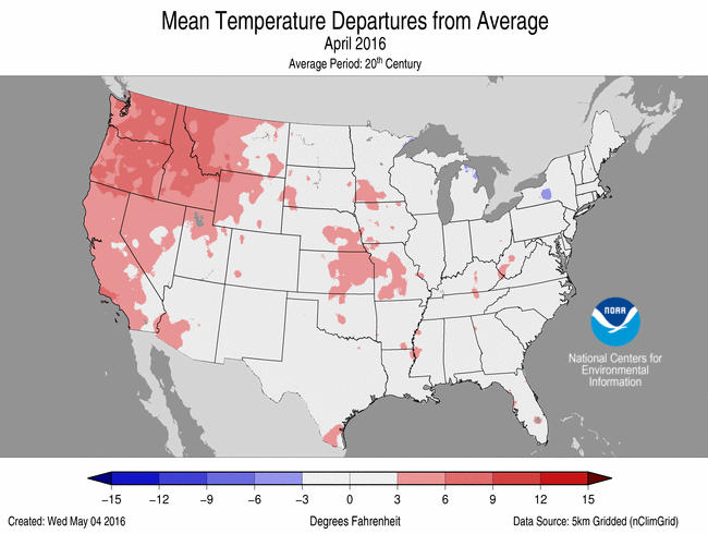 April 2016 Temperature Departure from Average Map
