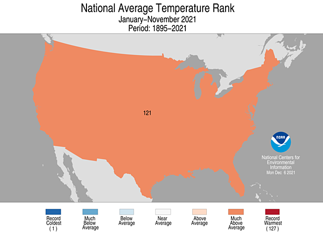 January - November 2021 CONUS Average Temperature Rank