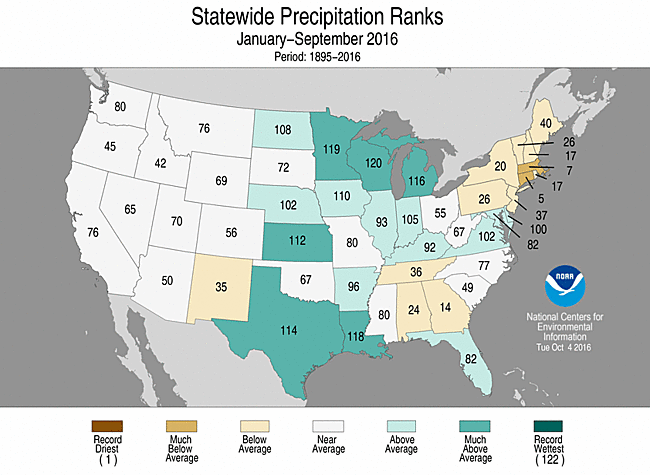 Sep-Sep 2016 Statewide Precipitation Ranks Map