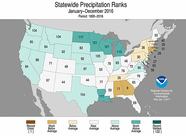 2016 Statewide Precipitation Ranks Map