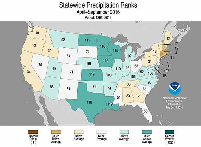 Apr-Sep 2016 Statewide Precipitation Ranks Map