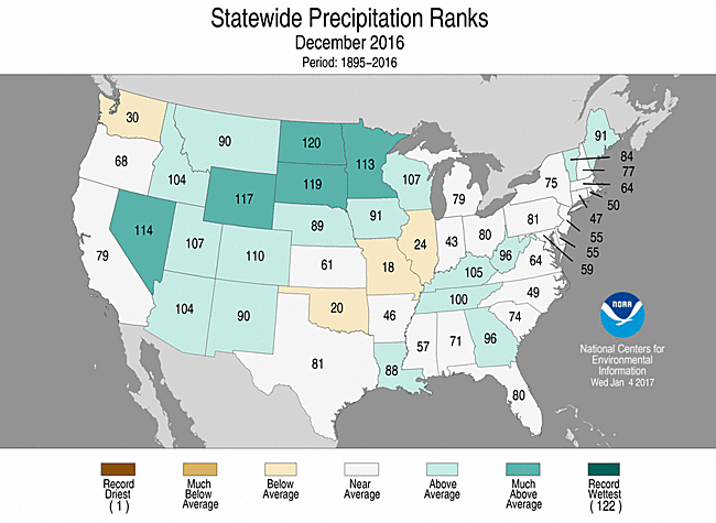 December Statewide Precipitation Ranks Map