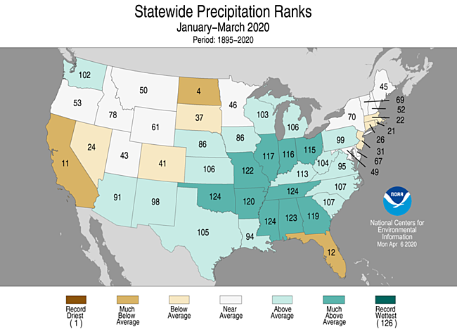 January-March 2020 Statewide Precipitation Ranks Map
