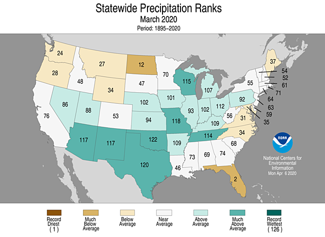 March 2020 Statewide Precipitation Ranks Map