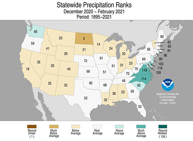December-February 2021 Statewide Precipitation Ranks Map