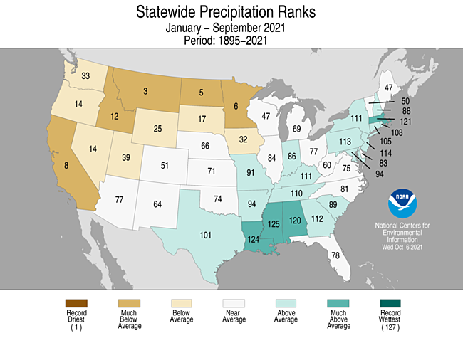 January-September 2021 Statewide Precipitation Ranks Map