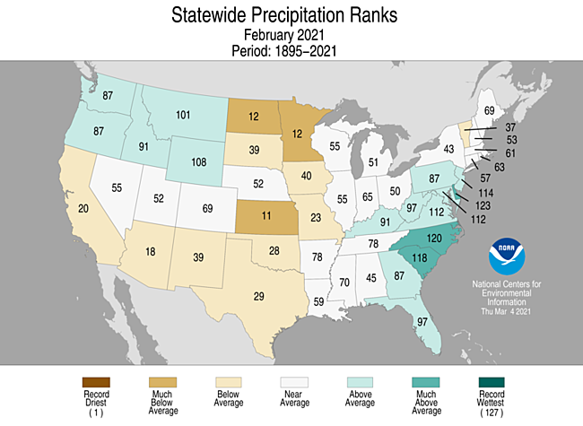 February 2021 Statewide Precipitation Ranks Map