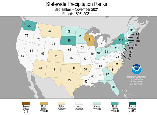 September-November 2021 Statewide Precipitation Ranks Map