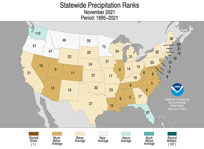 November 2021 Statewide Precipitation Ranks Map