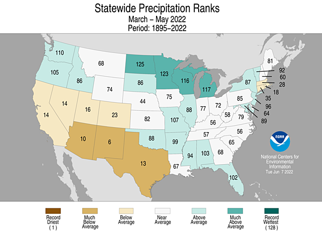 March-May 2022 Statewide Precipitation Ranks Map