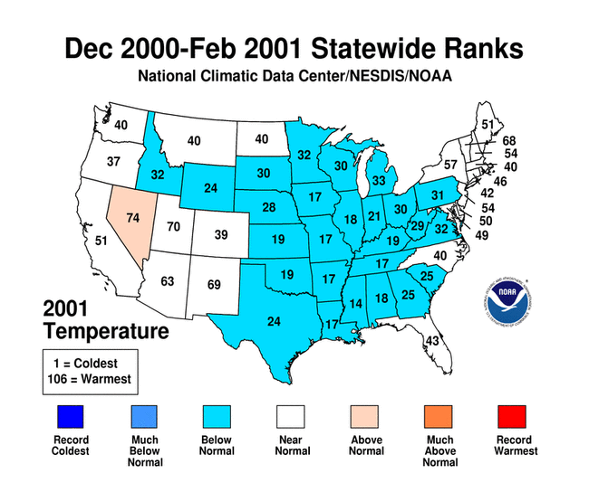 December 2000 - February 2001 Statewide Average Temperature Ranks