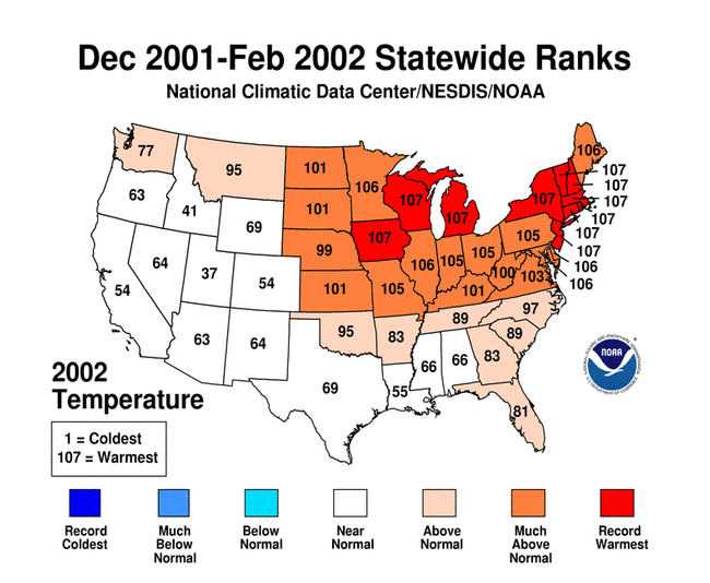 December 2001 - February 2002 Statewide Average Temperature Ranks