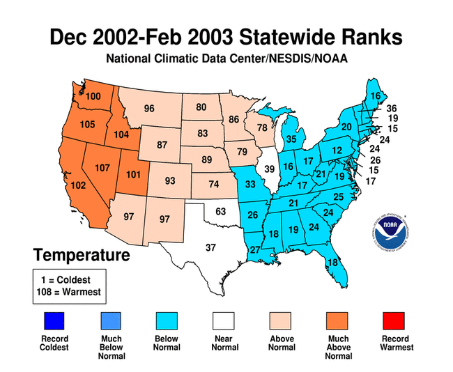 December 2002 - February 2003 Statewide Average Temperature Ranks