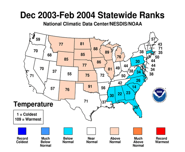 December 2003 - February 2004 Statewide Average Temperature Ranks