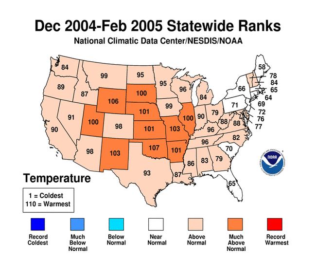 December 2004 - February 2005 Statewide Average Temperature Ranks