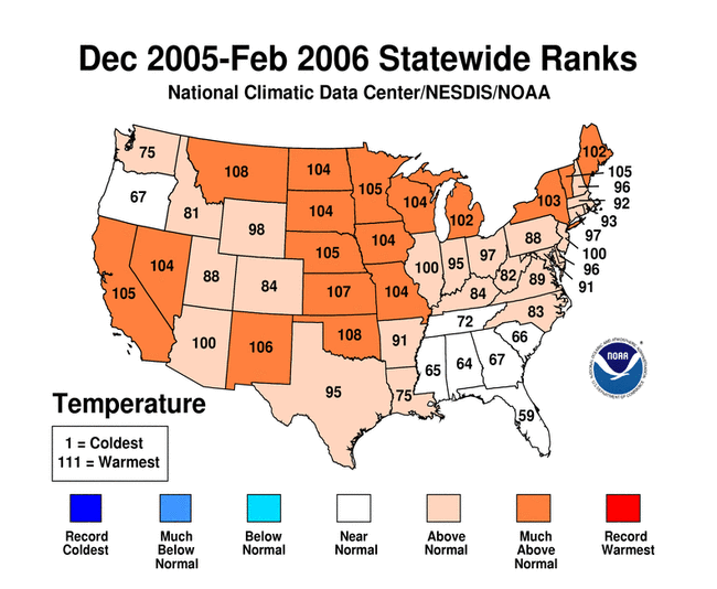 December 2005 - February 2006 Statewide Average Temperature Ranks