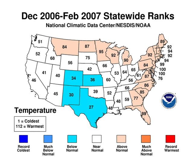 December 2006 - February 2007 Statewide Average Temperature Ranks