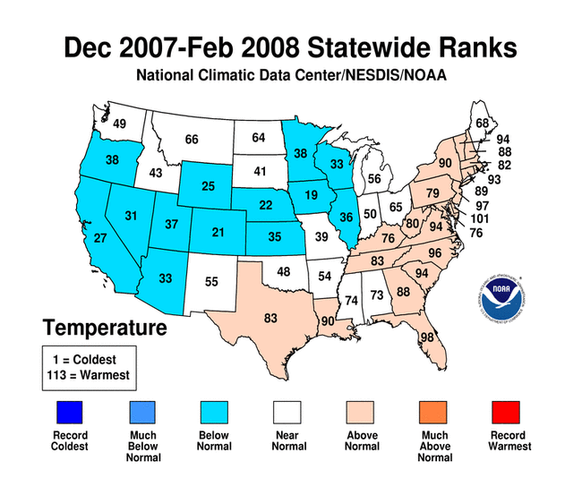 December 2007 - February 2008 Statewide Average Temperature Ranks