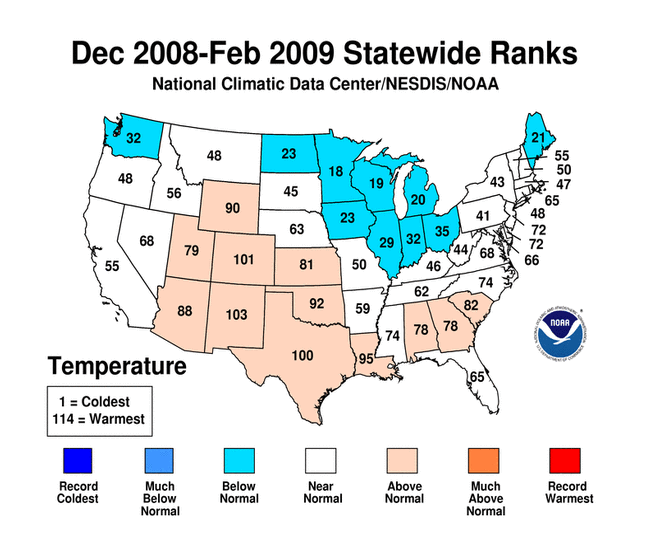 December 2008 - February 2009 Statewide Average Temperature Ranks