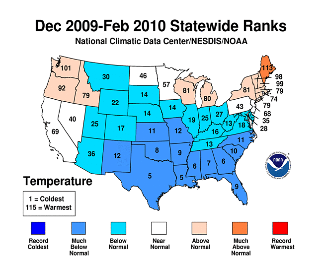 December 2009 - February 2010 Statewide Average Temperature Ranks