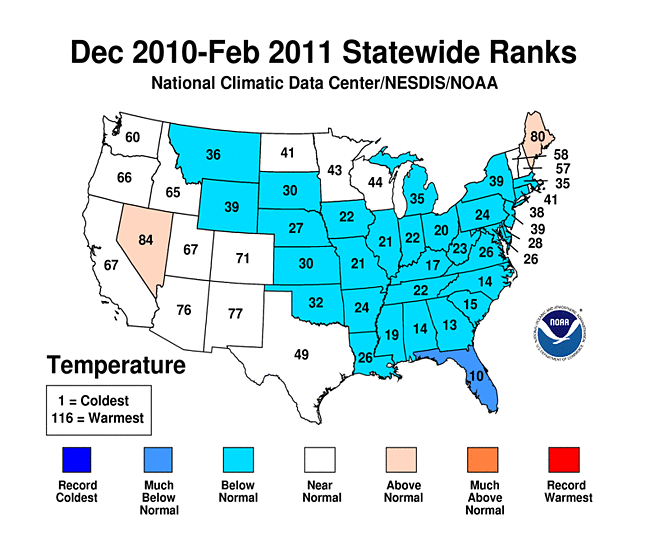 December 2010 - February 2011 Statewide Average Temperature Ranks
