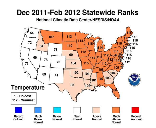 December 2011 - February 2012 Statewide Average Temperature Ranks