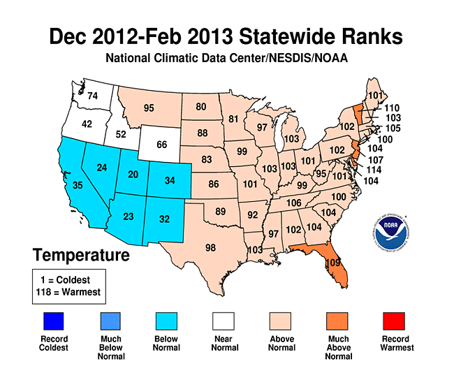 December 2012 - February 2013 Statewide Average Temperature Ranks