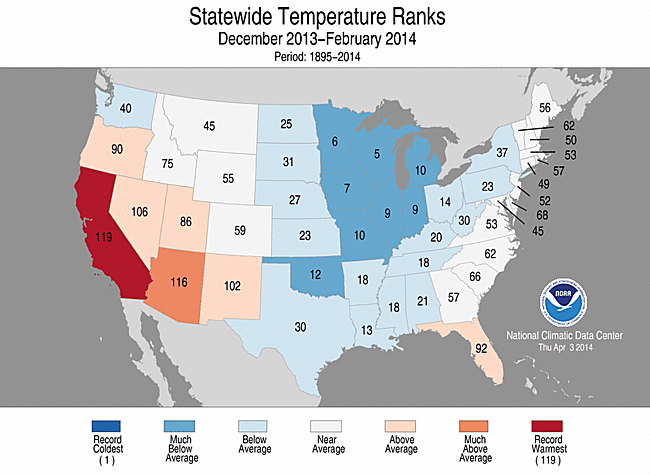 December 2013 - February 2014 Statewide Average Temperature Ranks