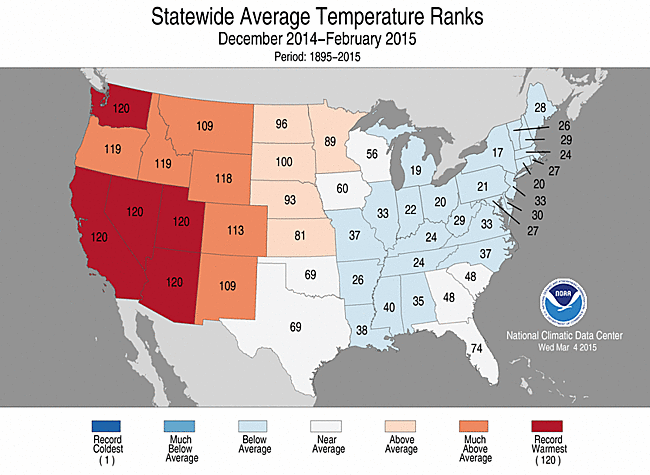 December 2014 - February 2015 Statewide Average Temperature Ranks