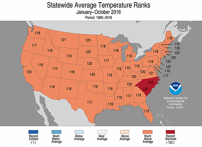 Oct-Nov 2016 Statewide Temperature Ranks Map