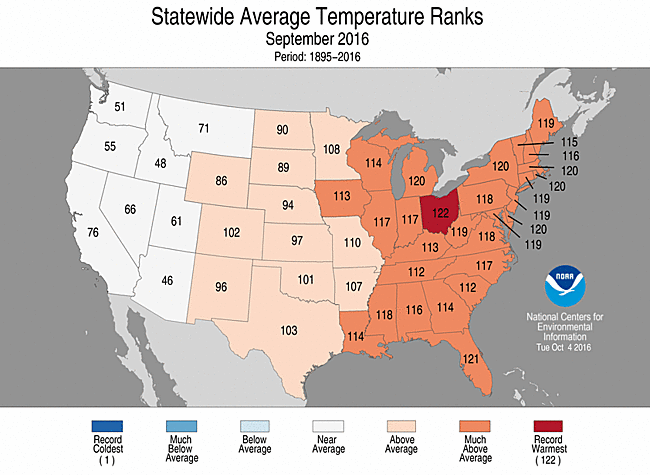 September 2016 Statewide Temperature Ranks Map