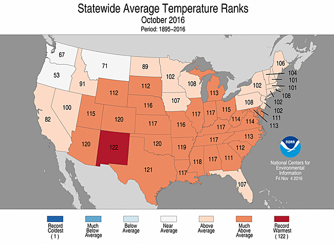 National Climate Report October 2016 State Of The October 2016 Statewide Temperature Ranks Map
