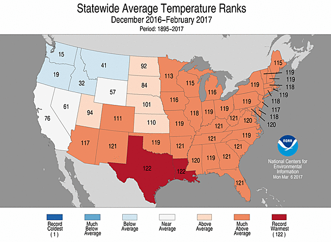 December 2016 - February 2017 Statewide Average Temperature Ranks