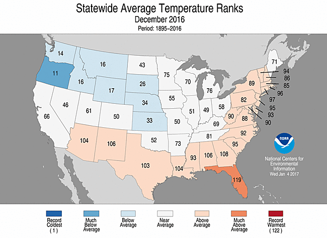 December Statewide Temperature Ranks Map