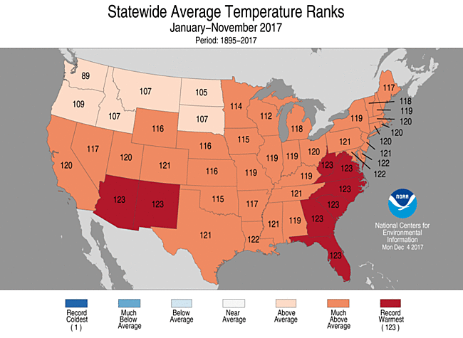 Nov-Nov 2017 Statewide Temperature Ranks Map