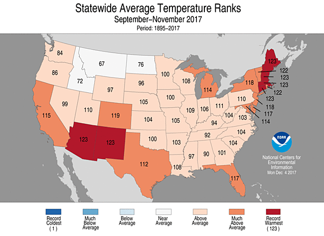 Sep-Nov 2017 Statewide Temperature Ranks Map