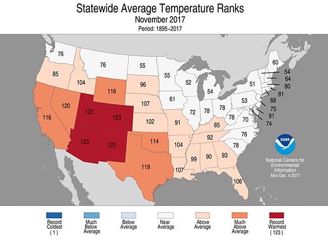 November 2017 Statewide Temperature Ranks Map