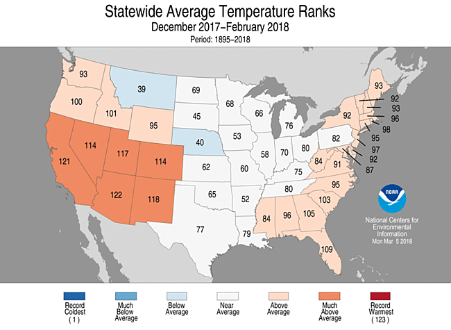 December 2017 - February 2018 Statewide Average Temperature Ranks