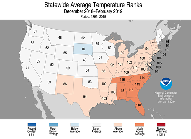 December 2018 - February 2019 Statewide Average Temperature Ranks