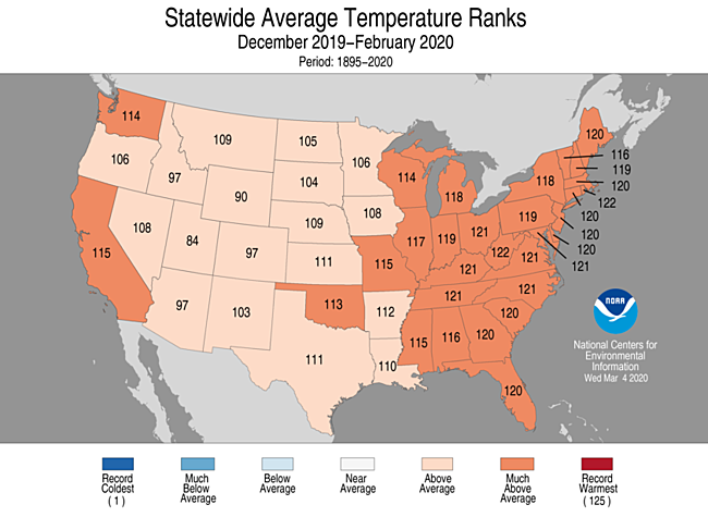 December-February 2020 Statewide Temperature Ranks Map