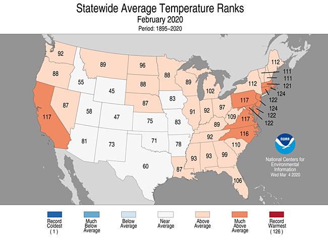 February 2020 Statewide Temperature Ranks Map