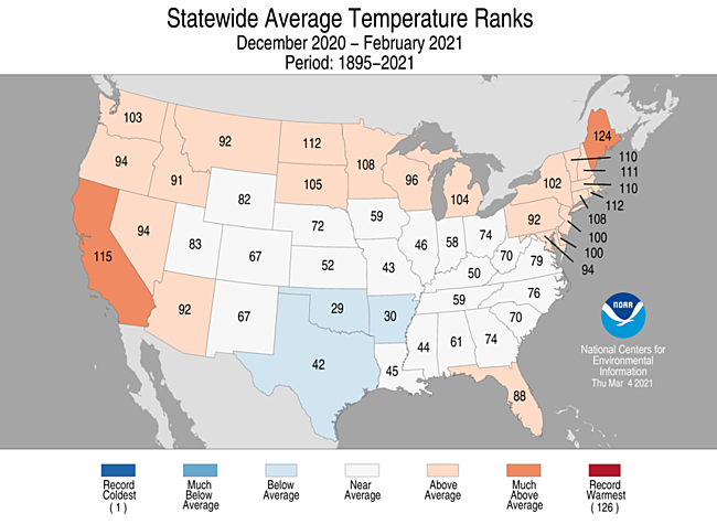 December 2020 - February 2021 Statewide Average Temperature Ranks